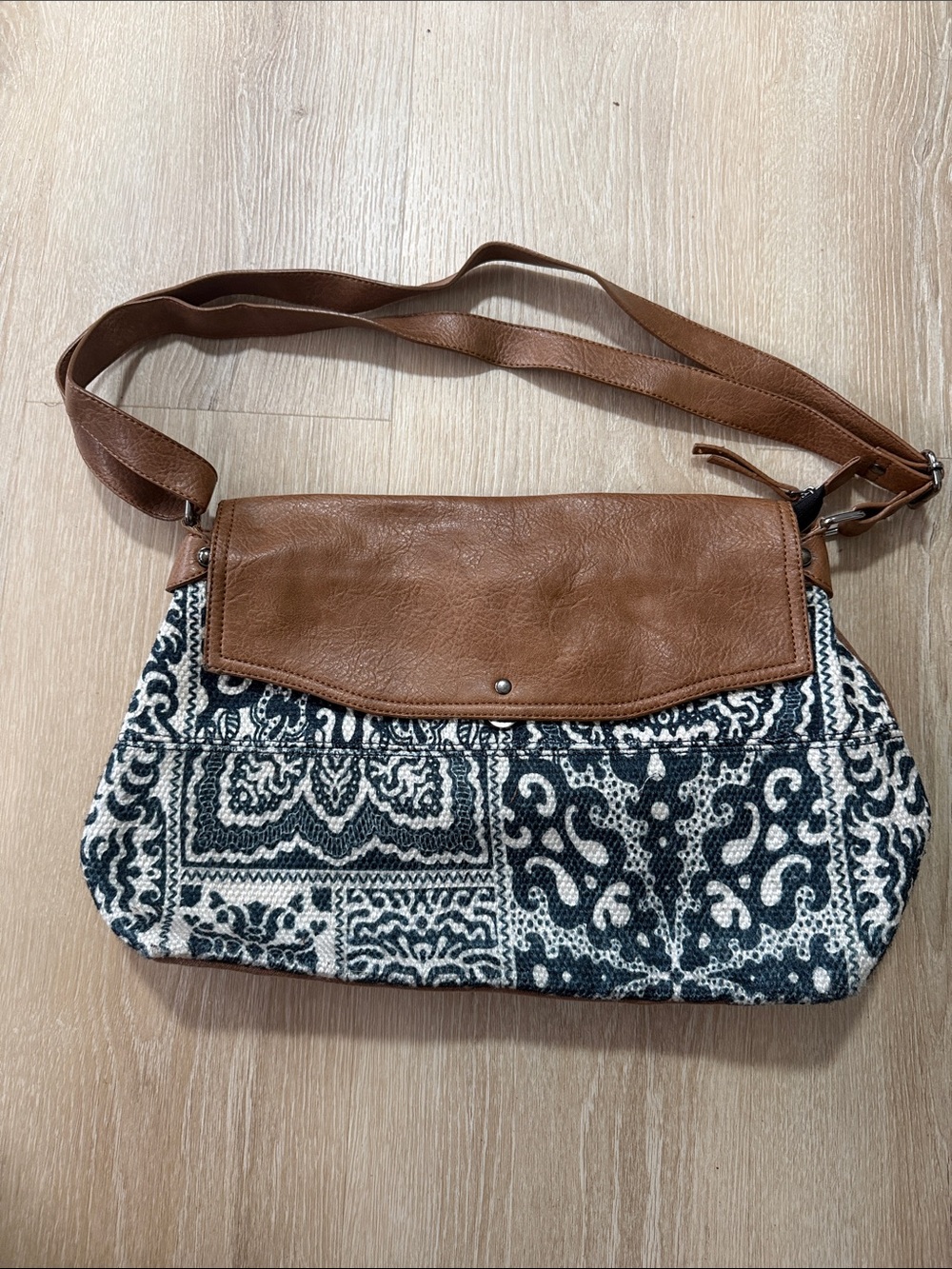 Mona B Brown Leather-Trim Black & White Patterned Crossbody